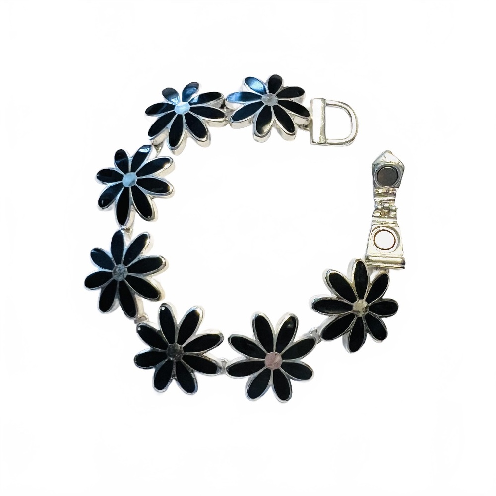 Floral Link Style Bracelet Black Silvertone - Picture 4 of 5